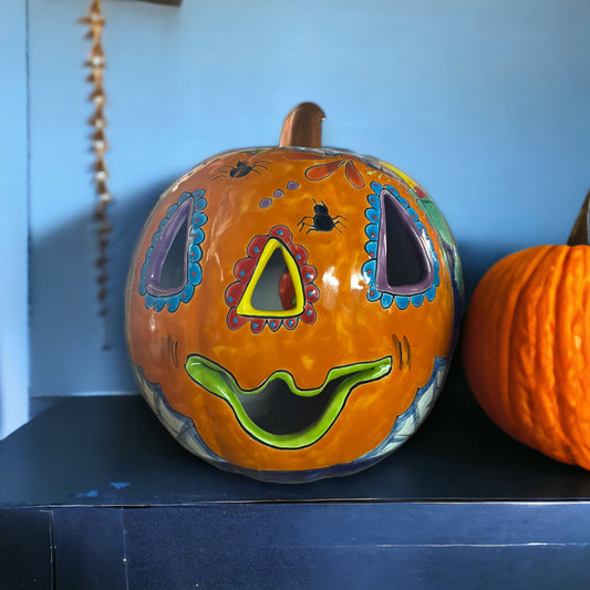 XL Talavera Pumpkin | Colorful Mexican Jack-o'-Lantern Art (14" Diameter)