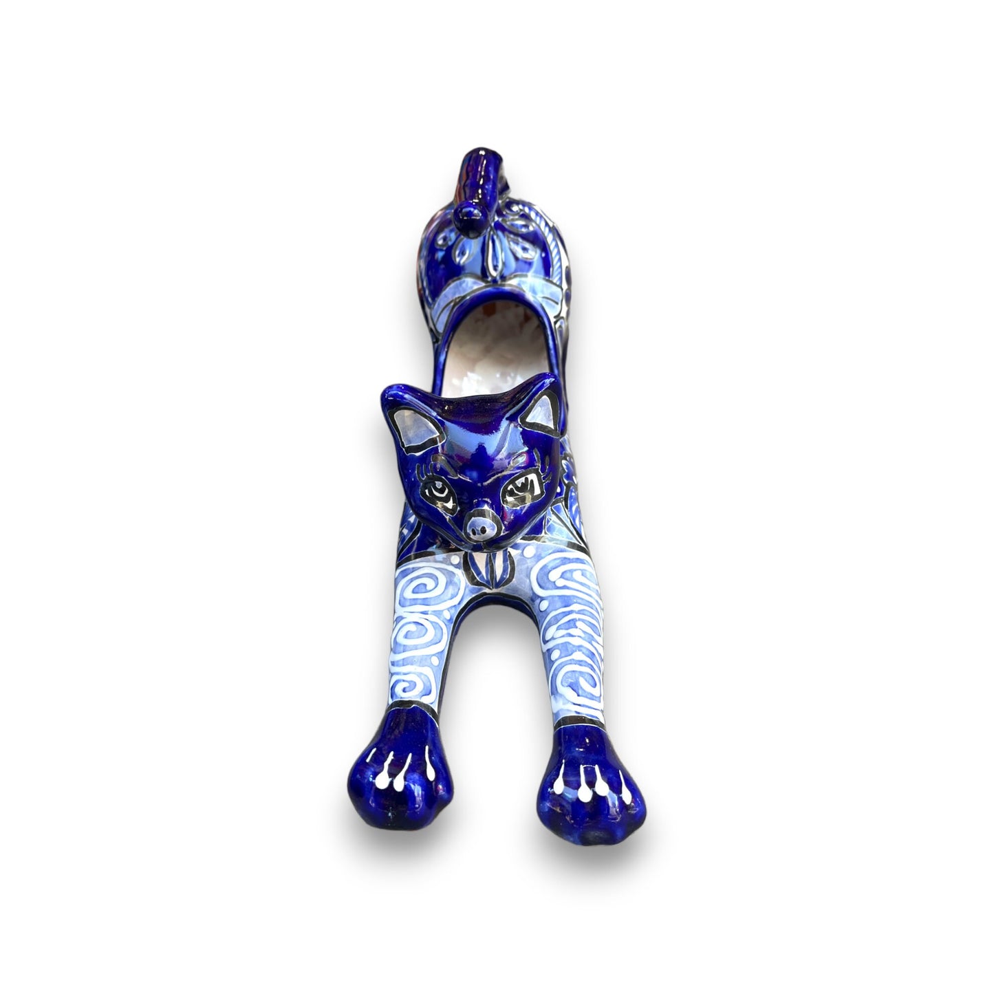 Hand-Painted Blue Talavera Stretching Cat Planter | Mexican Folk Art Decor