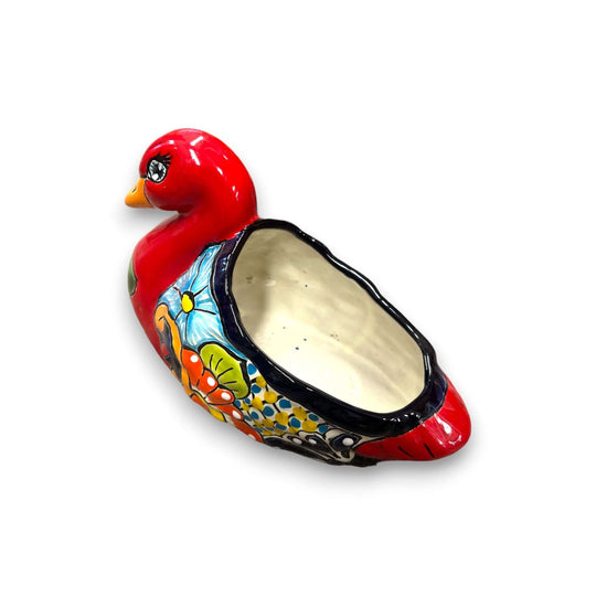 Colorful Talavera Duck Planter | Hand-Painted Mexican Succulent Pottery Art - red hand-painted Talavera duck succulent pot