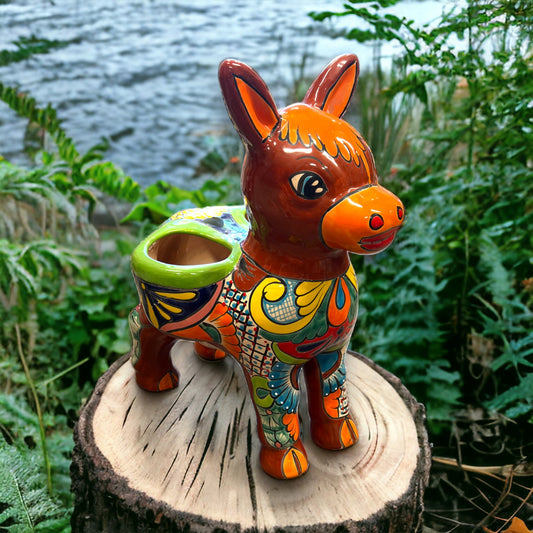 XL Talavera Donkey Planter | Colorful Hand-Painted Mexican Burro Planter (22" Tall)