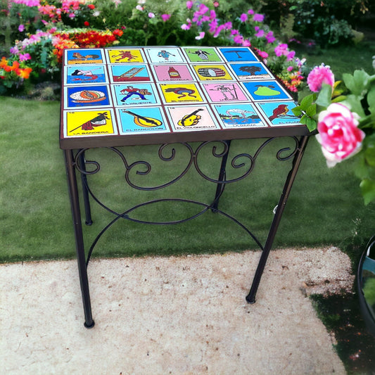 Handmade Mexican Accent End Table | Lotería Talavera Tiles, Metal Table (20"x20")