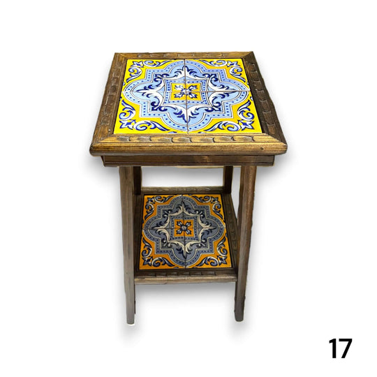 Square Talavera Tile End Table | Handmade Mexican Wood Accent Table handcrafted in Guanajuato with vibrant blue and yellow Talavera tiles