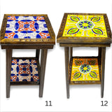 Square Talavera Tile End Table | Handmade Mexican Wood Accent Table showing two handcrafted wooden end tables with colorful Talavera tile tops and lower shelves