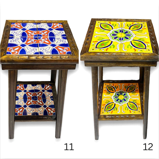 Square Talavera Tile End Table | Handmade Mexican Wood Accent Table showing two handcrafted wooden end tables with colorful Talavera tile tops and lower shelves