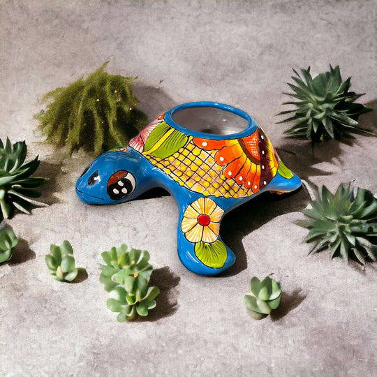 Small Talavera Sea Turtle Planter | Hand-Painted Mexican Turtle Pottery - vibrant hand-painted blue Talavera turtle succulent planter