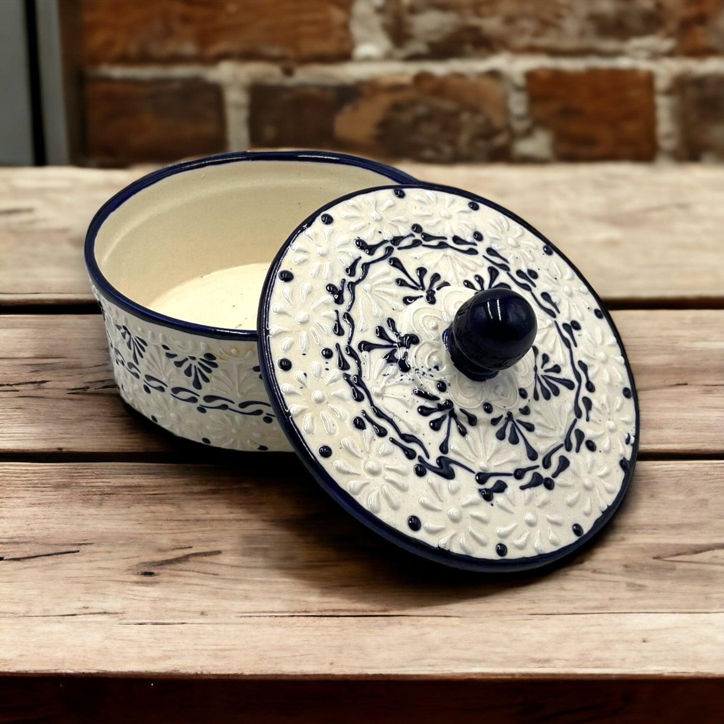 Handcrafted Blue and White Talavera Tortilla Warmer | Authentic Mexican Pottery