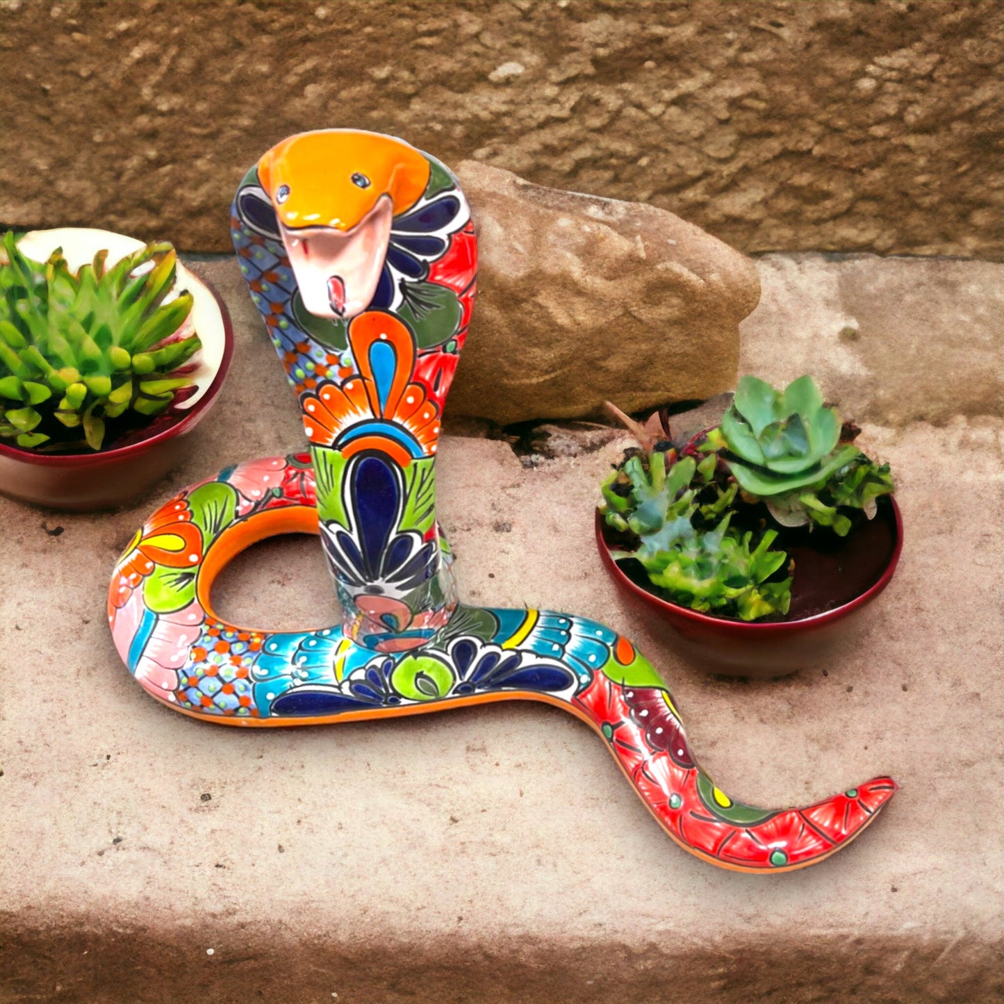 Handmade Snake Statue | Vibrant Hand-Painted Talavera Artwork (Large Size)