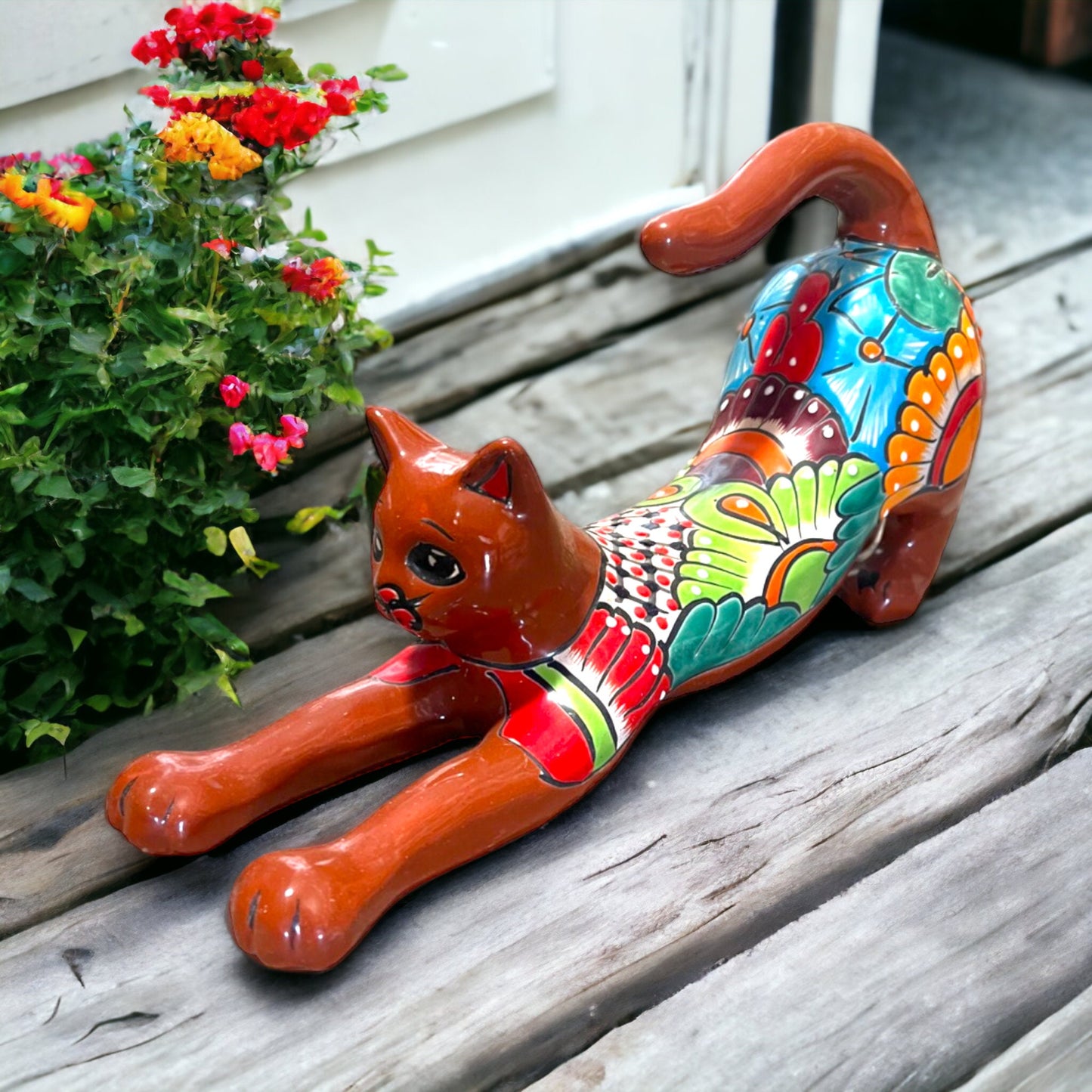 Talavera Stretching Cat Statue | Hand-Painted Mexican Folk Art