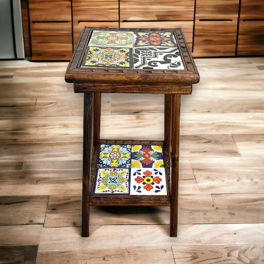Handmade Mexican Accent End Table | Talavera Tiles, Wood Side Table
