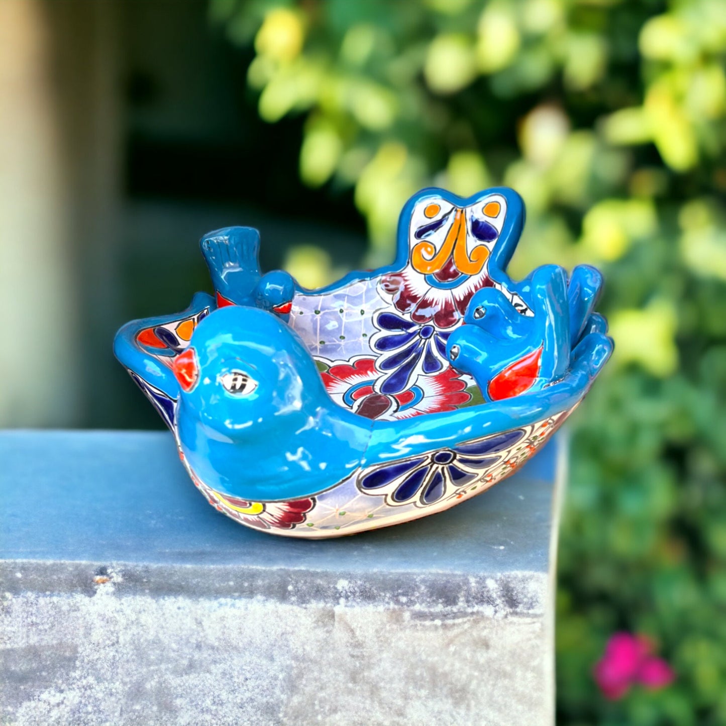 Colorful Talavera Bird Bath | Handcrafted Mexican Pottery with Beautiful Bird Design (Small)