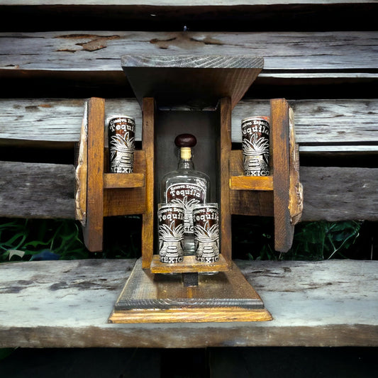 Handblown Mexican Shot Glass and Tequila Set | Wood Box Decanter | Solid Wood