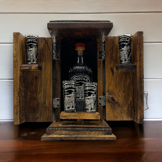 Handblown Mexican Shot Glass and Tequila Set in a Solid Wood Box | Unique Tequila Drinking Experience