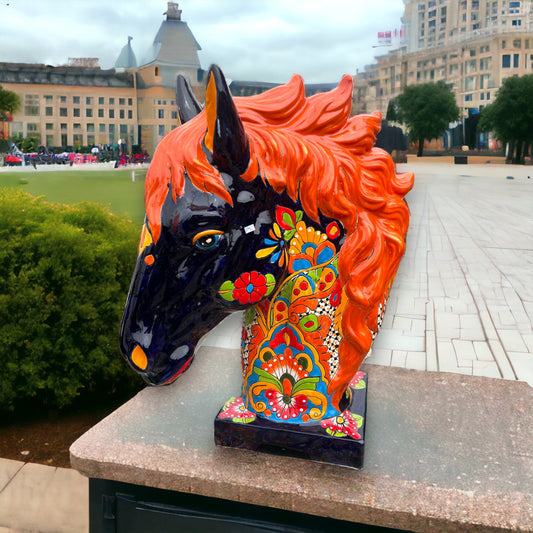 Gorgeous XL Talavera Horse Head Statue | Authentic Mexican Handmade Art (3 ft. Tall)