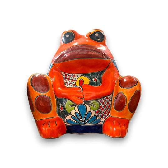 Talavera Frog Planter | Colorful Handmade Mexican Pottery — hand-painted orange frog planter with floral Talavera design, lead-free glazed