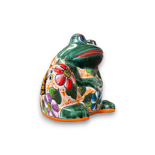 Talavera Frog Planter | Colorful Handmade Mexican Pottery - hand-painted green frog planter with bold floral Talavera design