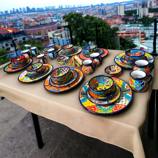 Handmade Mexican Talavera Dinnerware Set | 51-Piece Tableware Collection (Seats 8) Floral Patterns