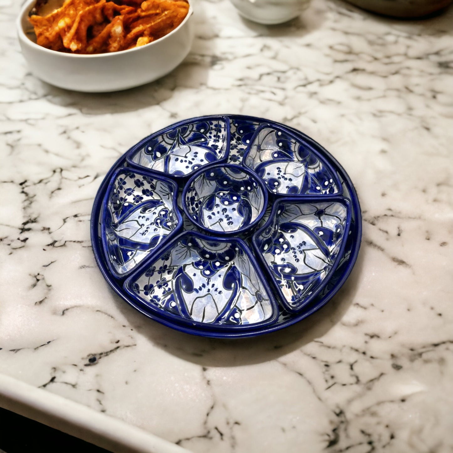 Handmade Talavera Sectional Appetizer Tray | Blue and White Paint