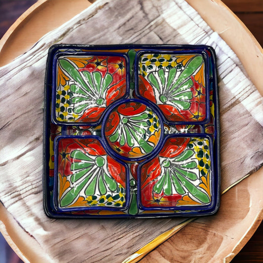 Handmade Talavera Sectional Appetizer Square Tray | Hand Painted Pottery