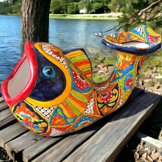 Vibrant XL Handmade Fish Planter | Colorful Talavera Artwork for Home and Garden