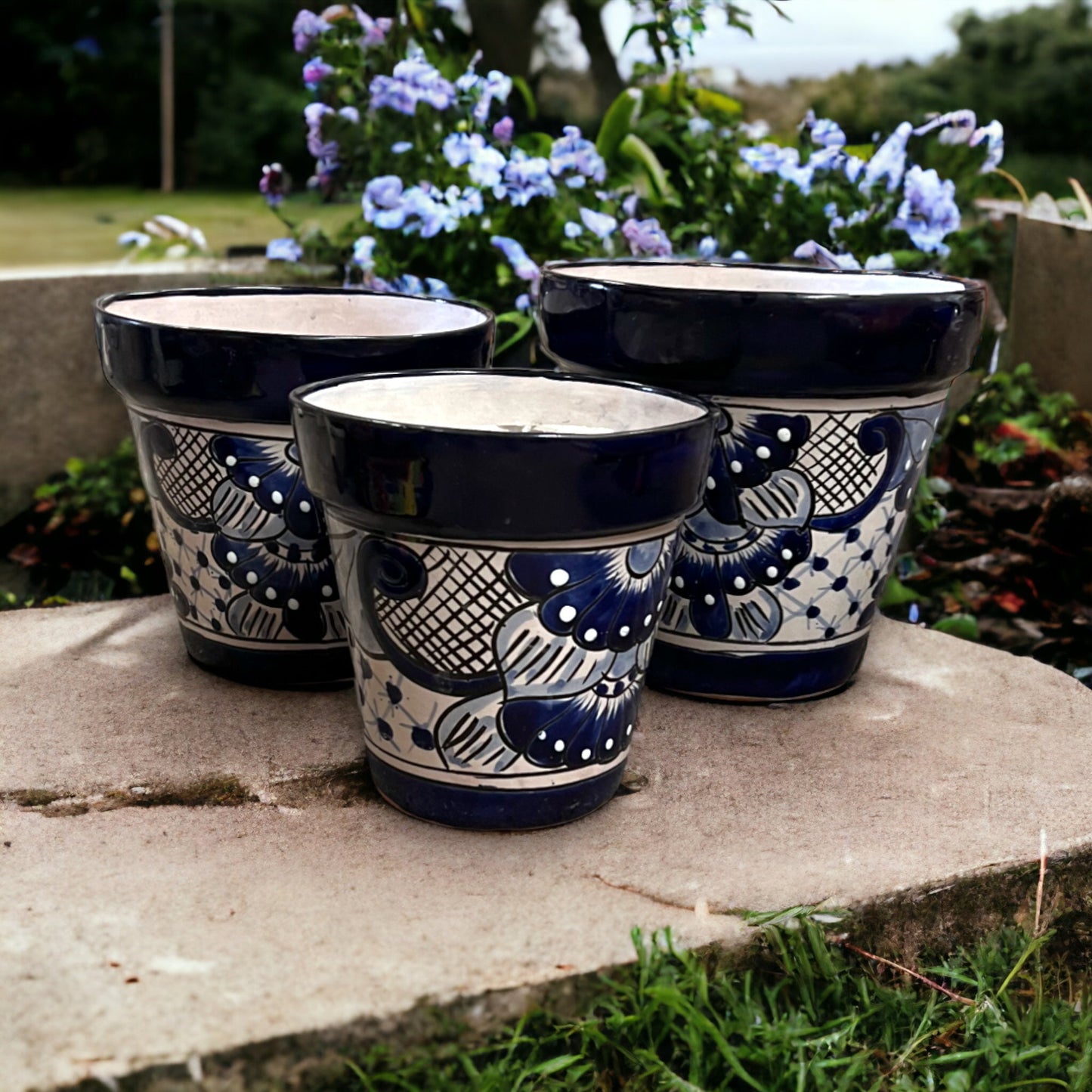 Colorful Set of 3 Talavera Planters | Handcrafted with Blue and White Patterns