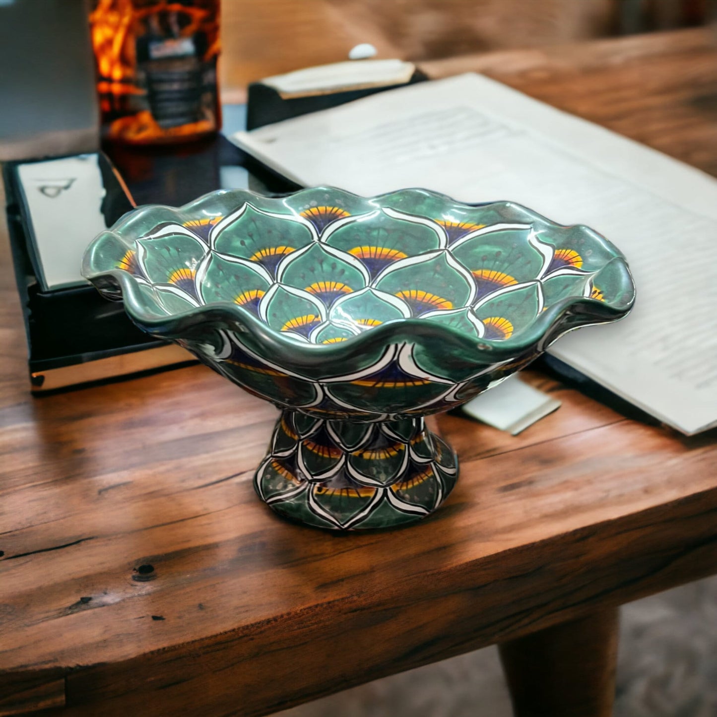 Colorful Talavera Fruit Basket | Handmade Peacock Design Centerpiece