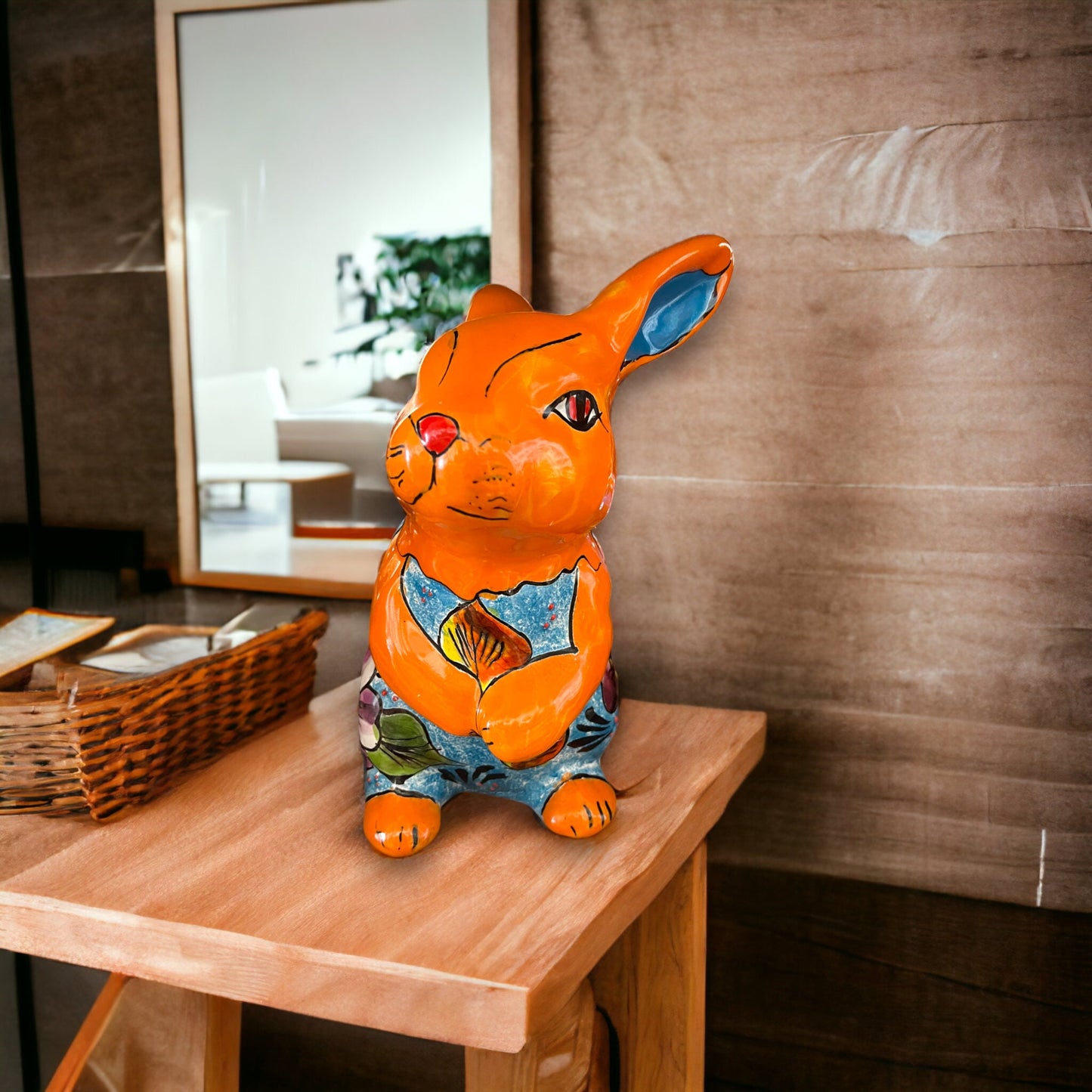 Colorful Handmade Talavera Bunny Statue | Mexican Rabbit Folk Art