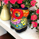 Talavera Owl Planter | Double-Faced Hand-Painted Pottery - hand-painted colorful Talavera owl planter with cobalt, orange, lime, and sky blue floral patterns (lead-free)