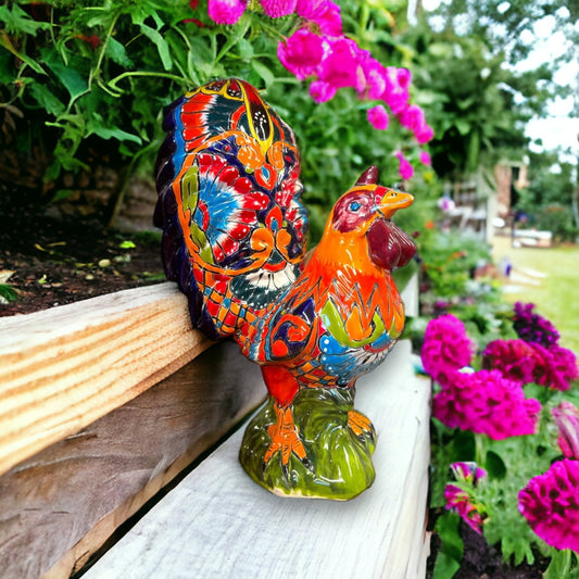 Vibrant Handmade Talavera Rooster Statue | Painted Mexican Chicken Sculpture (Large Size)