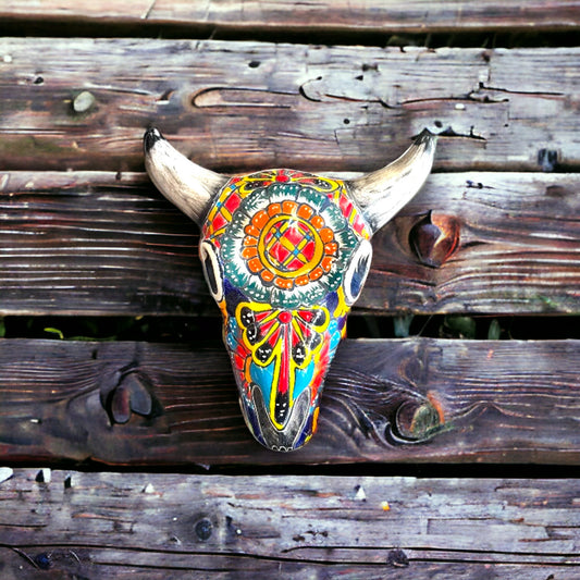 Talavera Bull Skull | Handmade Painted Mexican Longhorn Wall Art 10.5"x11"