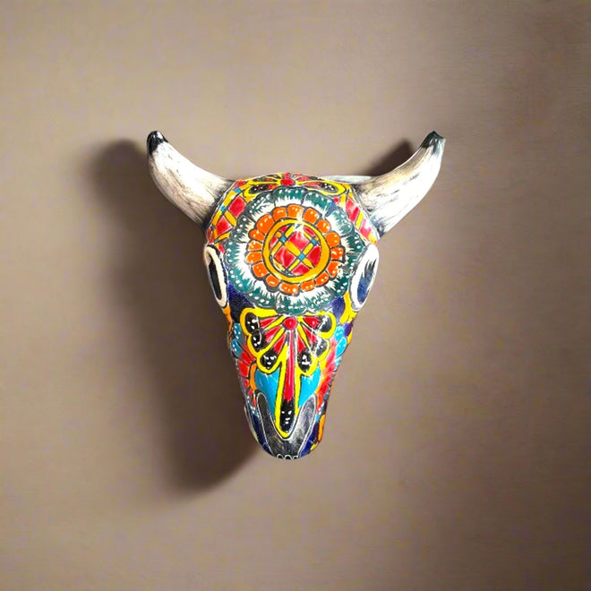 Talavera Bull Skull Wall Decor | Handmade Mexican Longhorn Art hand-painted colorful Talavera ceramic skull with floral details
