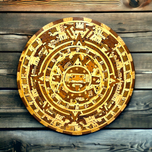 Handcrafted Mexican Aztec Warrior Calendar | Unique Artwork with 11 Wood Types