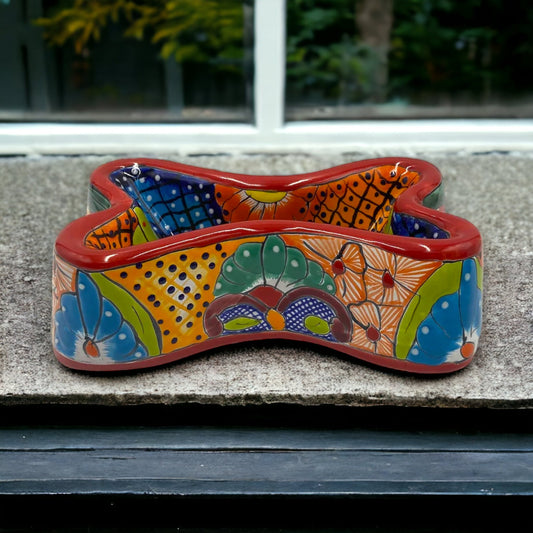 Colorful Hand-Painted Talavera Dog Bowl | Artisan-Made Mexican Bone-Shaped Dish