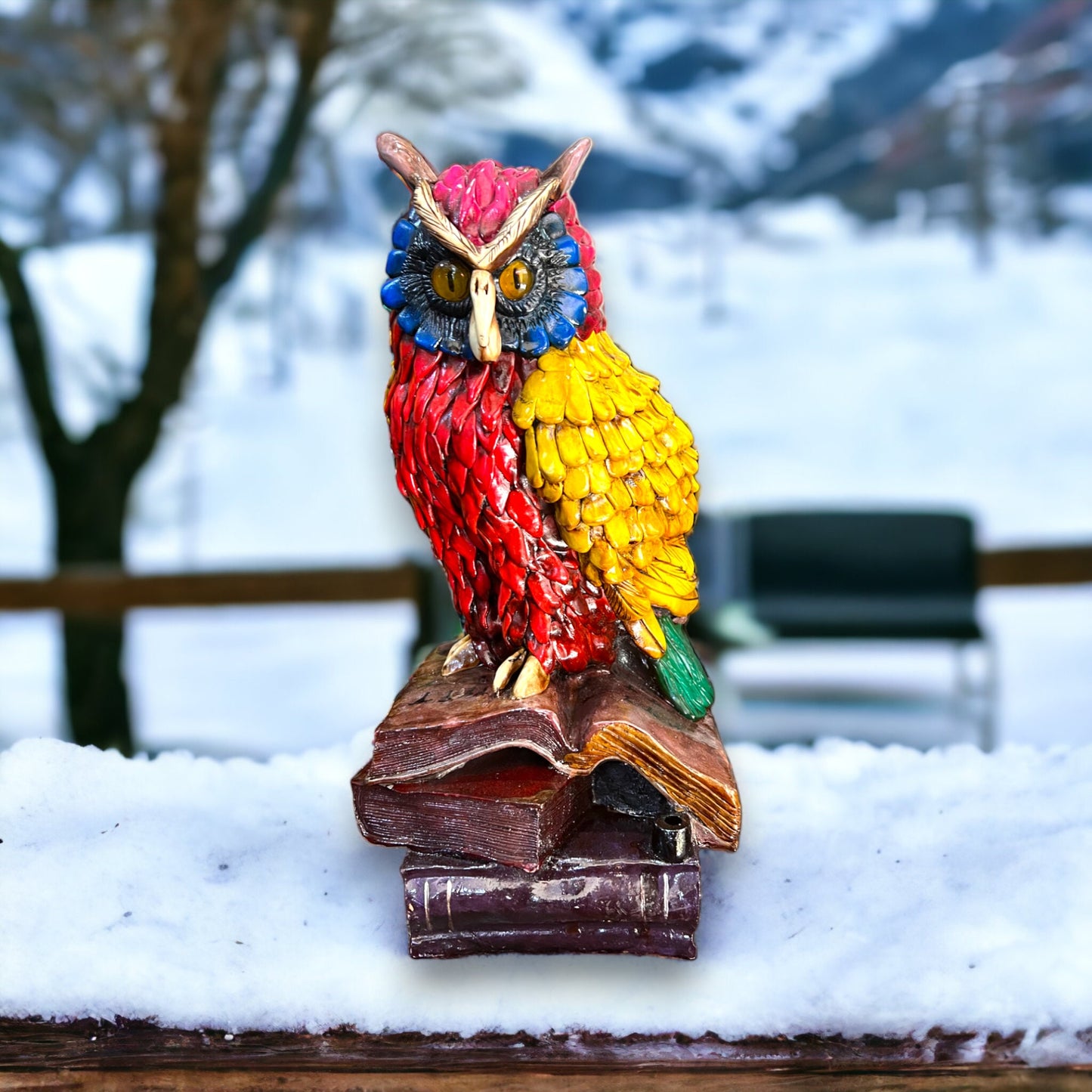 Whimsical Handmade Aztec Owl | Sculpture Perched on Books