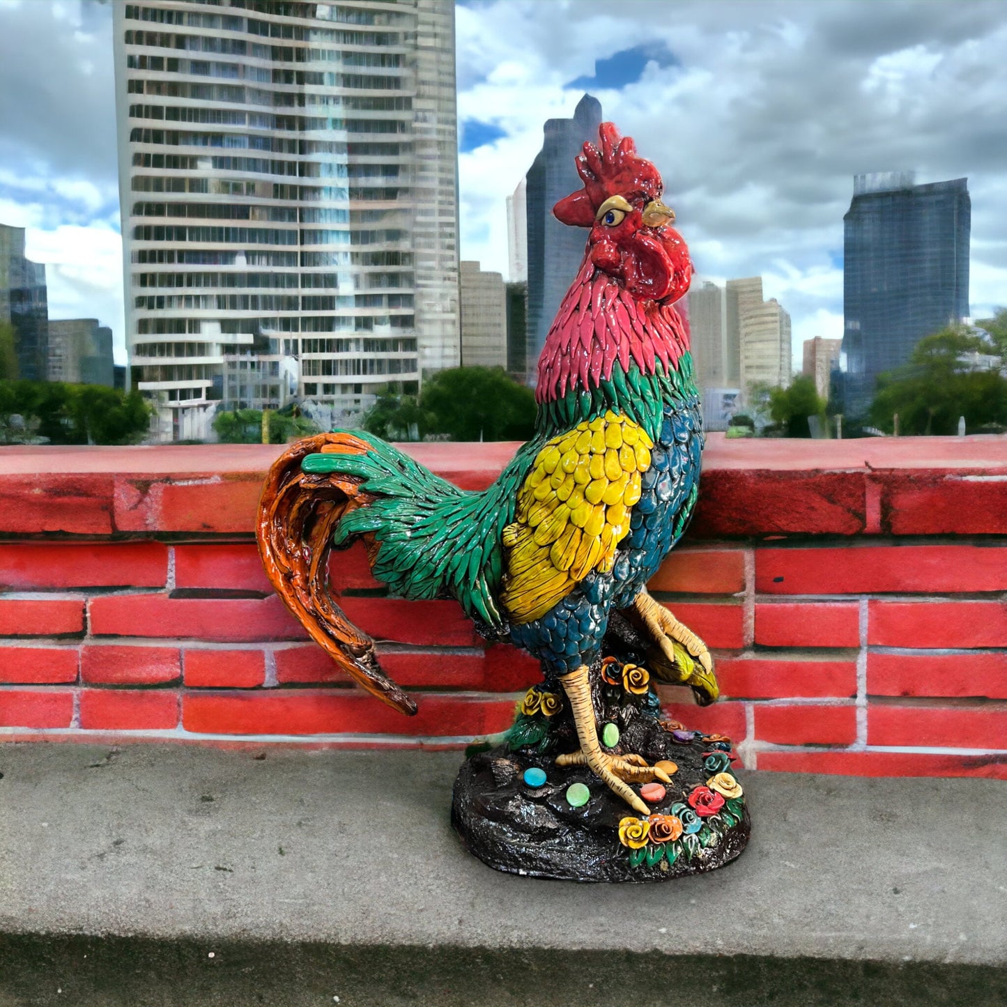 Whimsical Handcrafted Aztec Rooster | Colorful Sculpture of Chicken