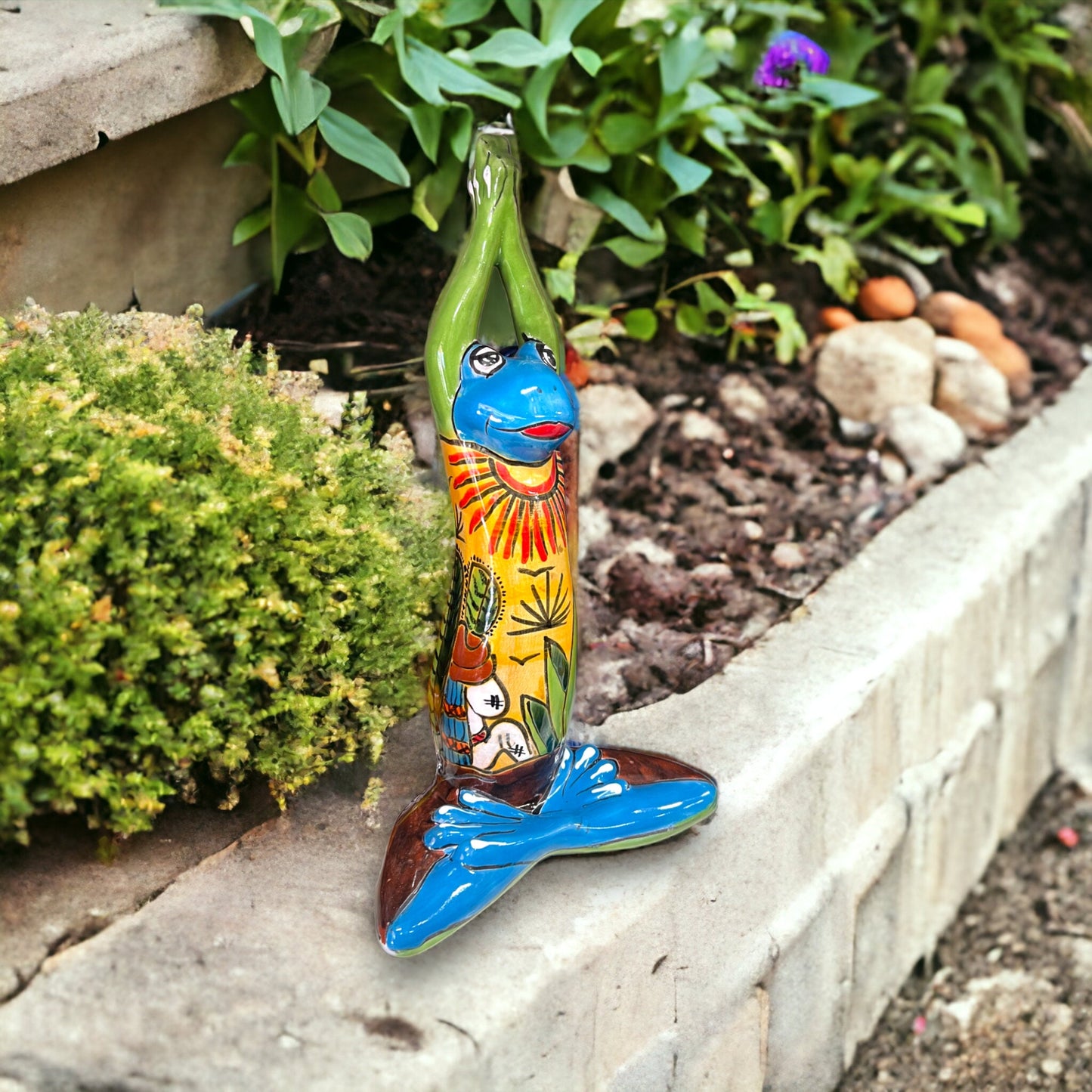 Vibrant Talavera Frog Statue | Colorful Hand-Painted Yoga Frog with Desert Design