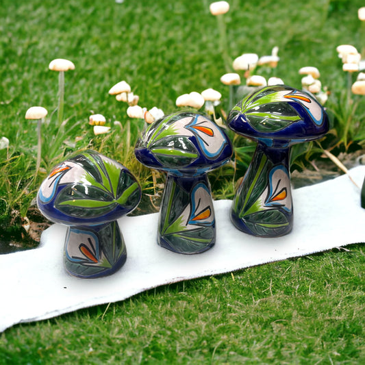 Set of 3 Colorful Talavera Mushroom Set | Hand-Painted Calla Lily Art (Small)