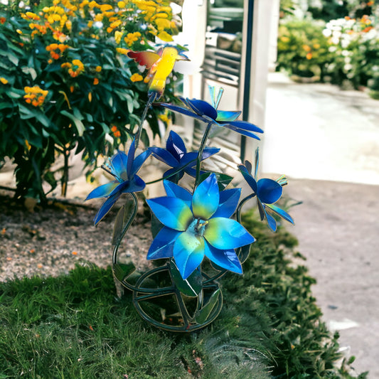 Colorful Mexican Metal Flower | Handcrafted Floral Décor with Hummingbird