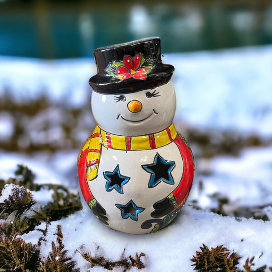 Festive Talavera Snowman Statue | Hand-Painted Christmas Decor (Medium)