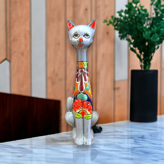 Mexican Handmade Talavera Cat Statue | Cultural Artwork (19.5" Tall) - hand-painted Talavera ceramic cat with colorful floral design