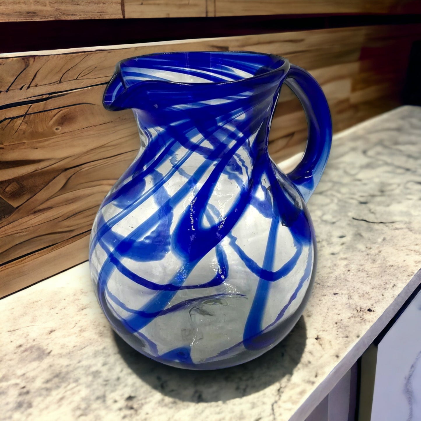 Authentic Hand Blown Mexican Glass Pitcher | Stunning Blue Swirl Design