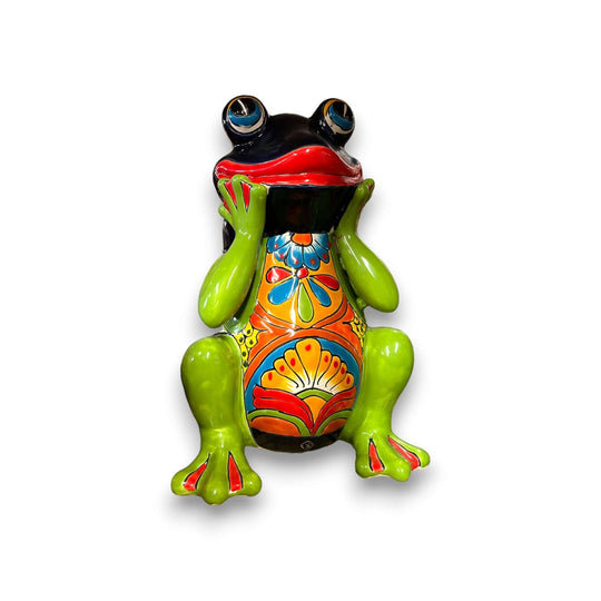 Talavera Frog Statue | Vibrant Hand-Painted Mexican Ceramic Art - hand-painted green ceramic frog with red lips and colorful Talavera chest pattern