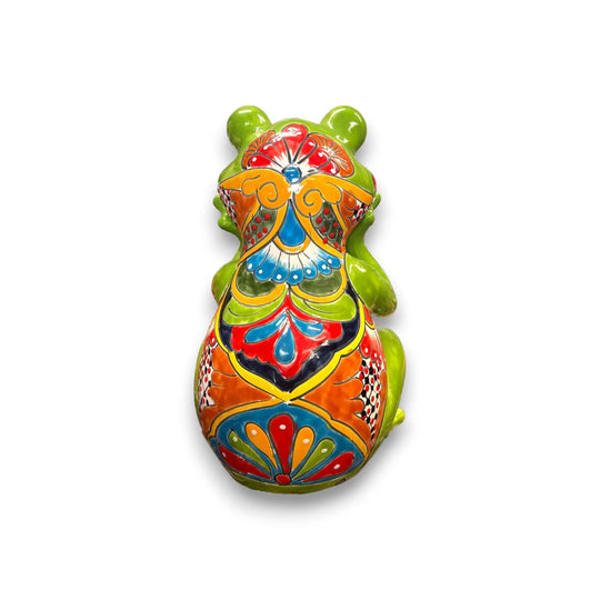 Talavera Frog Statue | Vibrant Hand-Painted Mexican Ceramic Art - hand-painted green ceramic frog with red lips and colorful Talavera patterns