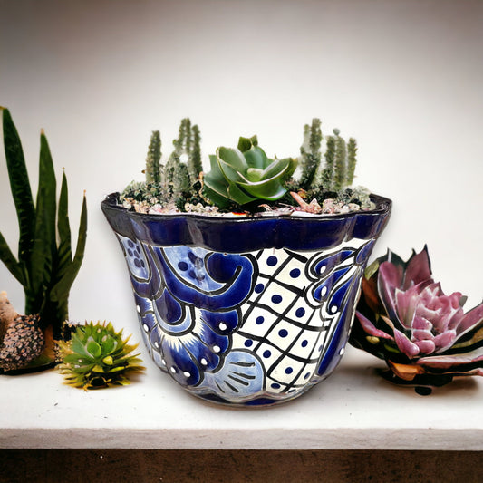 Handcrafted Talavera Ceramic Planter | Colorful Blue & White Mexican Pottery