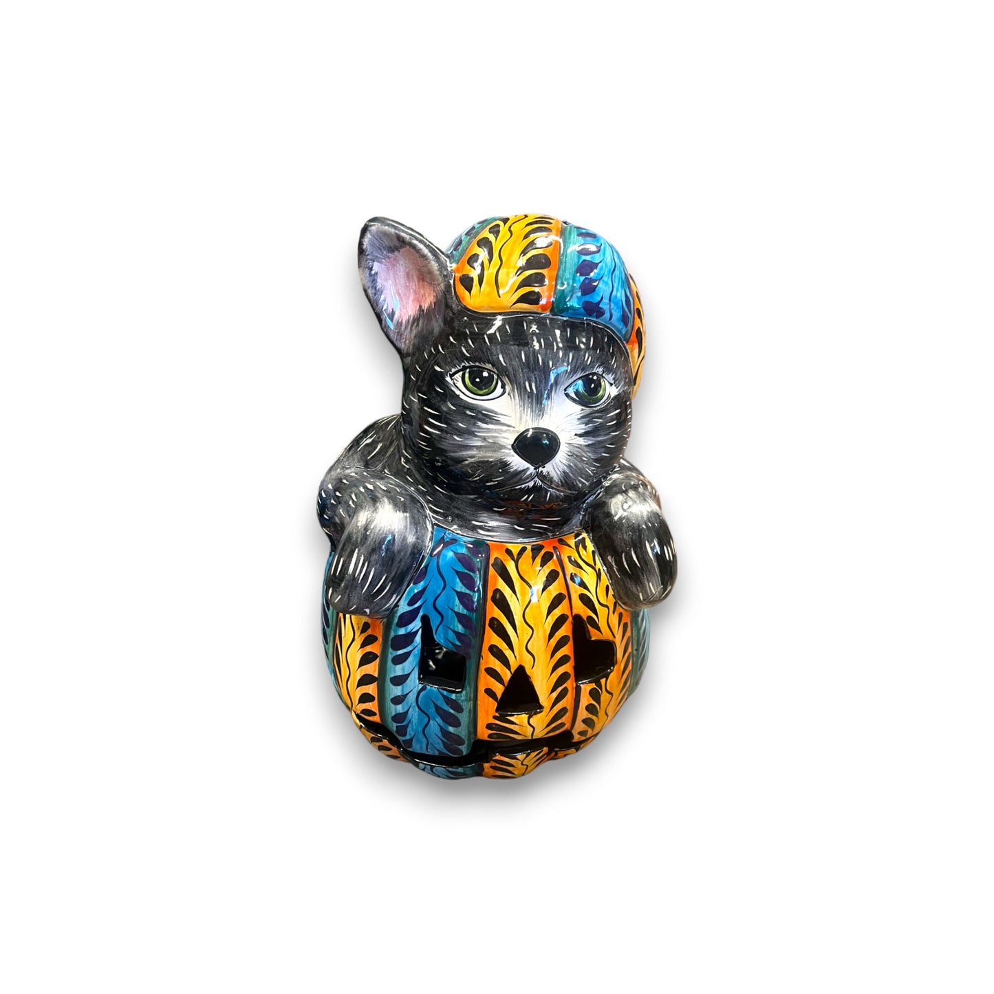 Handcrafted Talavera Wolf and Pumpkin Statue | Charming Halloween Decor