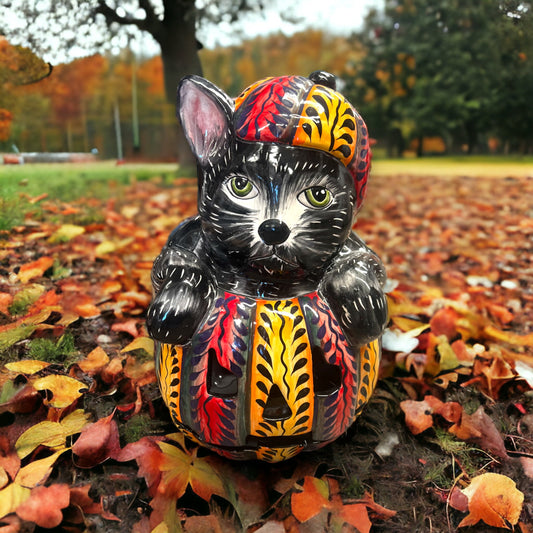 Handcrafted Talavera Wolf and Pumpkin Statue | Charming Halloween Decor