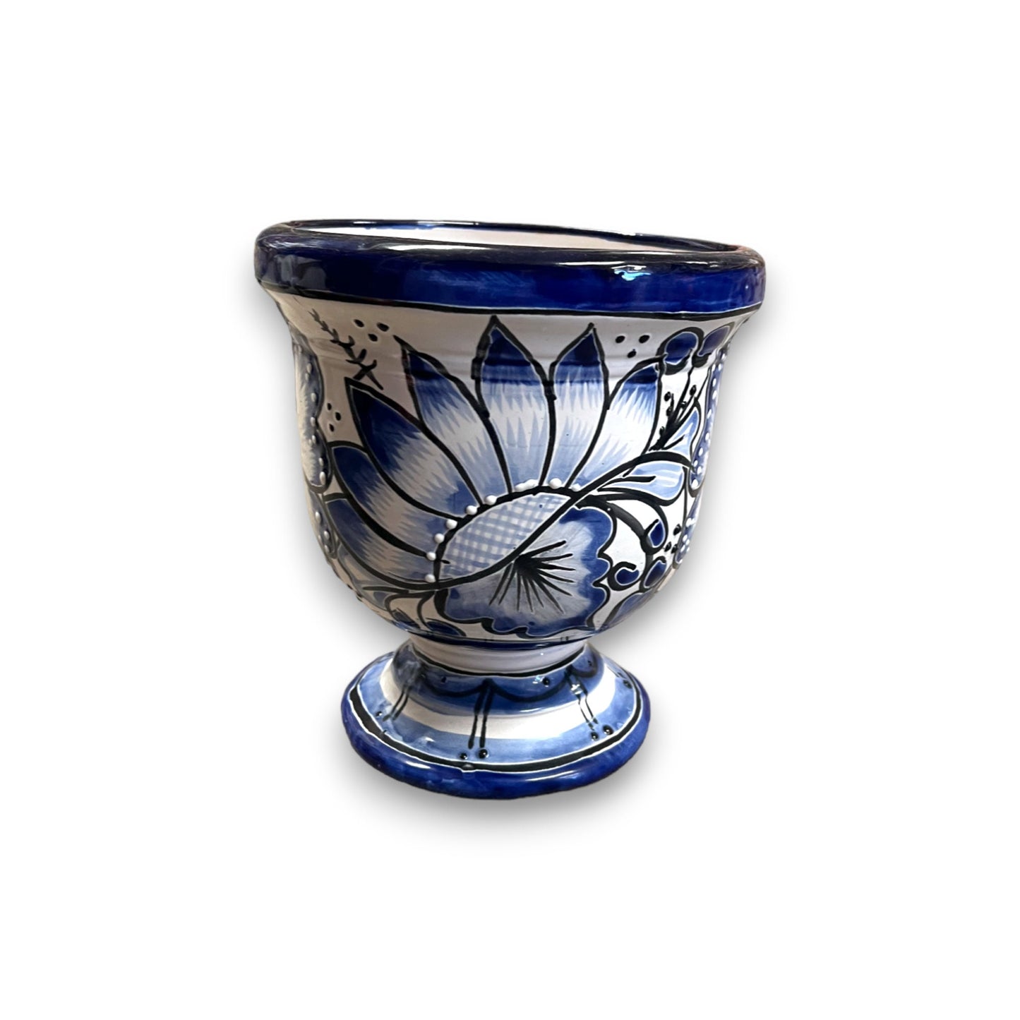 Set of 3 Talavera Pedestal Planters: Handcrafted Blue & White Patterns