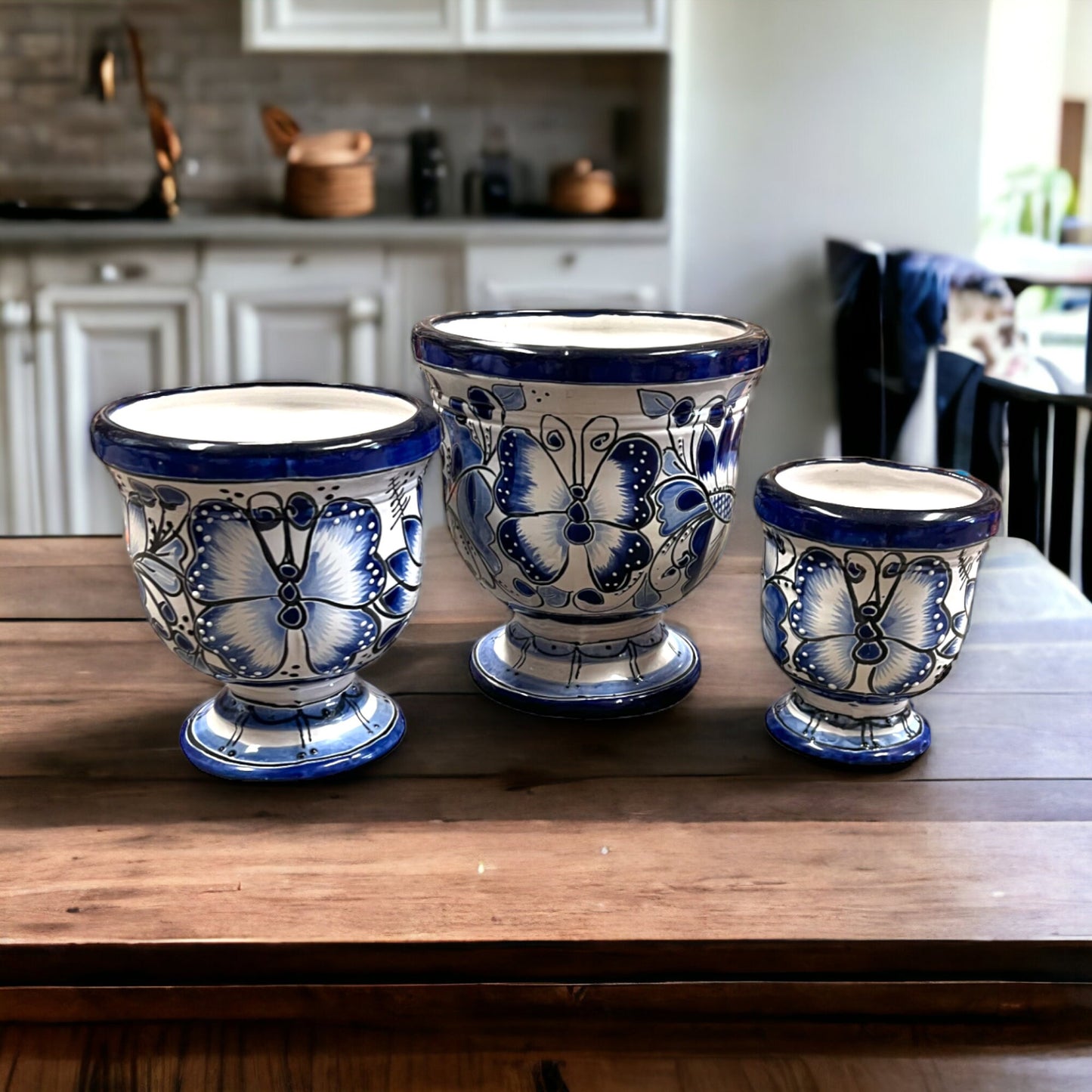 Set of 3 Talavera Pedestal Planters: Handcrafted Blue & White Patterns