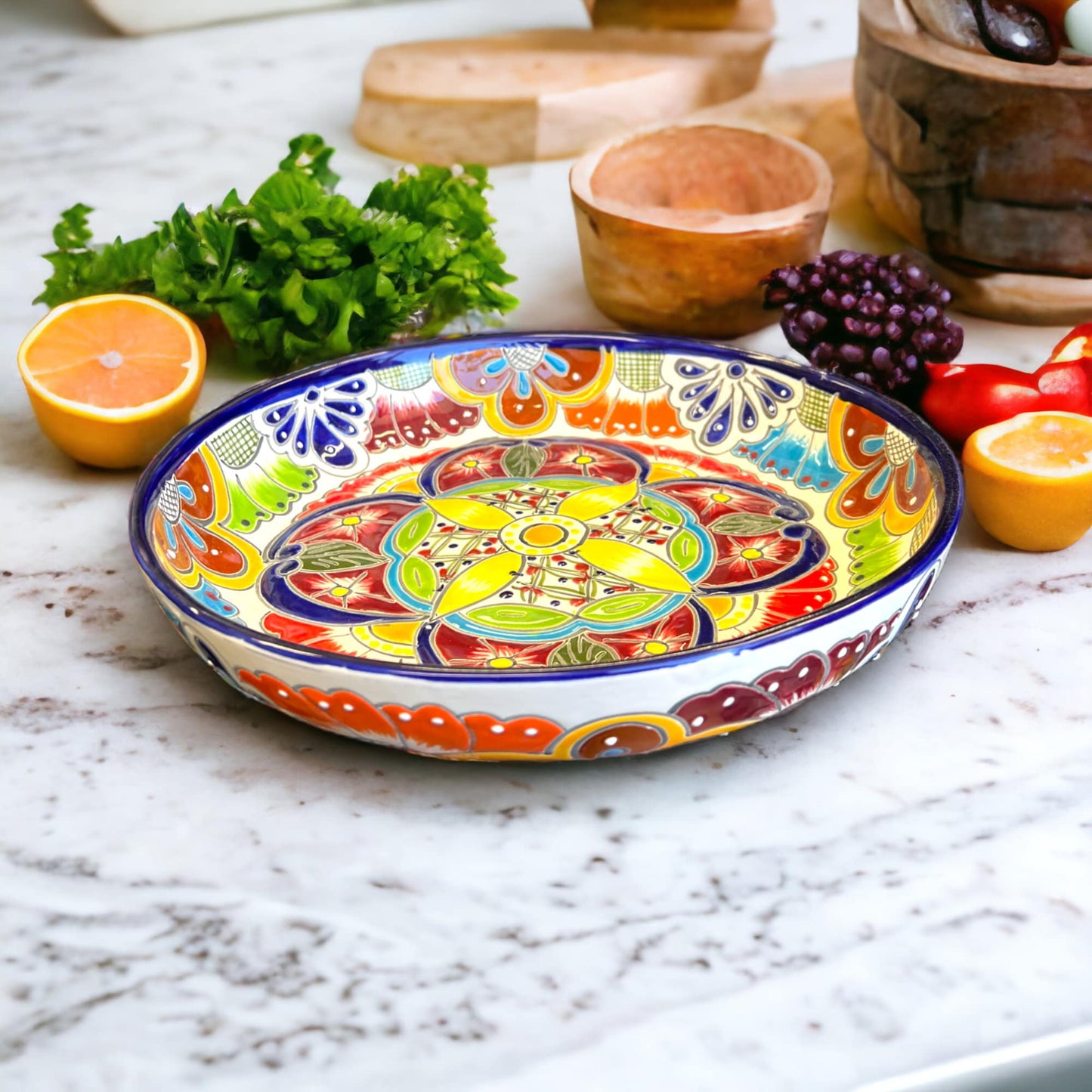 Talavera Round Serving Plate Hand Painted Mexican Pottery