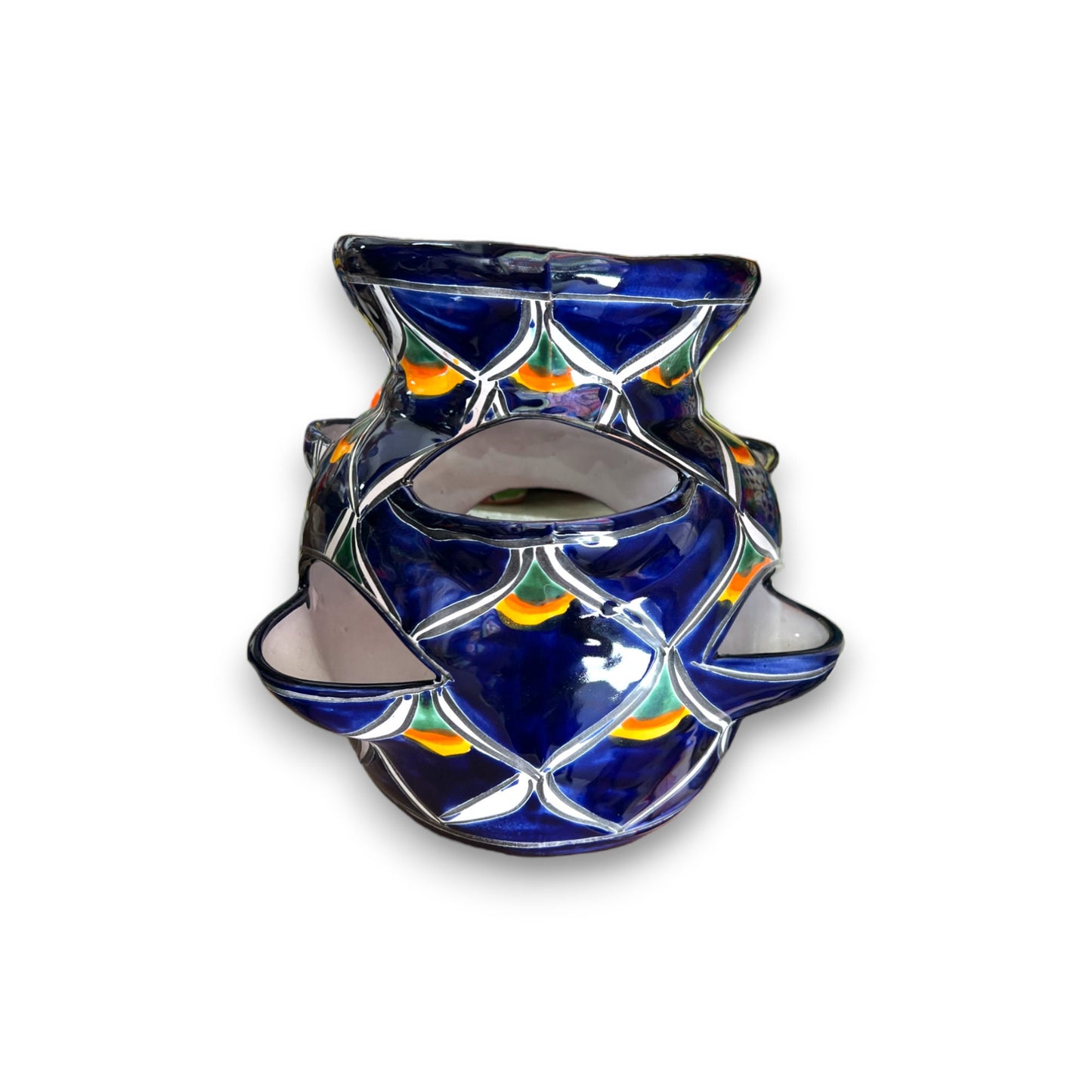 Talavera Strawberry Planter | Hand-Painted Blue Peacock Design