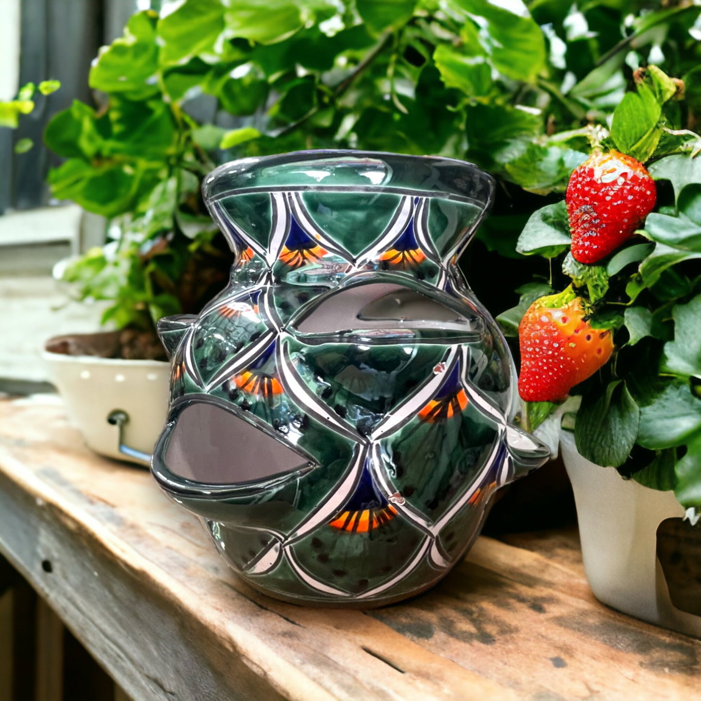 Hand-Painted Talavera Strawberry Planter | Vibrant Green Peacock Design